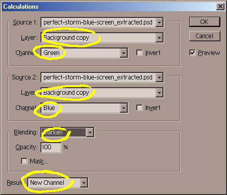 Use Calculations to *Darken* the Blue Channel with the Green Channel